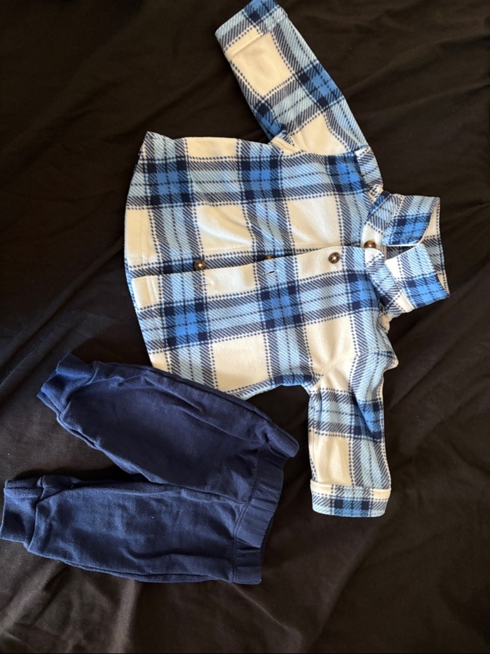Blue & White Plaid Fleece Button-Up Shirt with Navy Pants Set